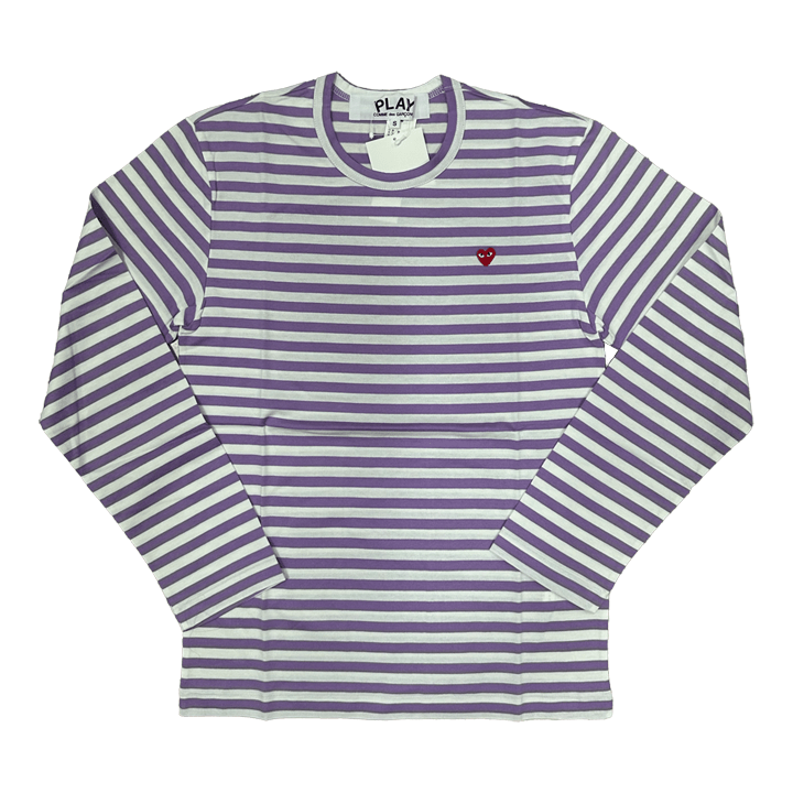 Comme des Garçons PLAY Little Red Heart Long Sleeve Striped T-Shirt in PurpleT-ShirtsComme des GarconsDPUS Designer OutletAZT21805142SComme des Garçons PLAY Little Red Heart Long Sleeve Striped T-Shirt in Purple