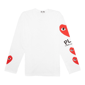 Comme des Garçons PLAY Multi Heart Long Sleeve T-Shirt in WhiteT-ShirtsComme des GarconsDPUS Designer OutletSComme des Garçons PLAY Multi Heart Long Sleeve T-Shirt in White