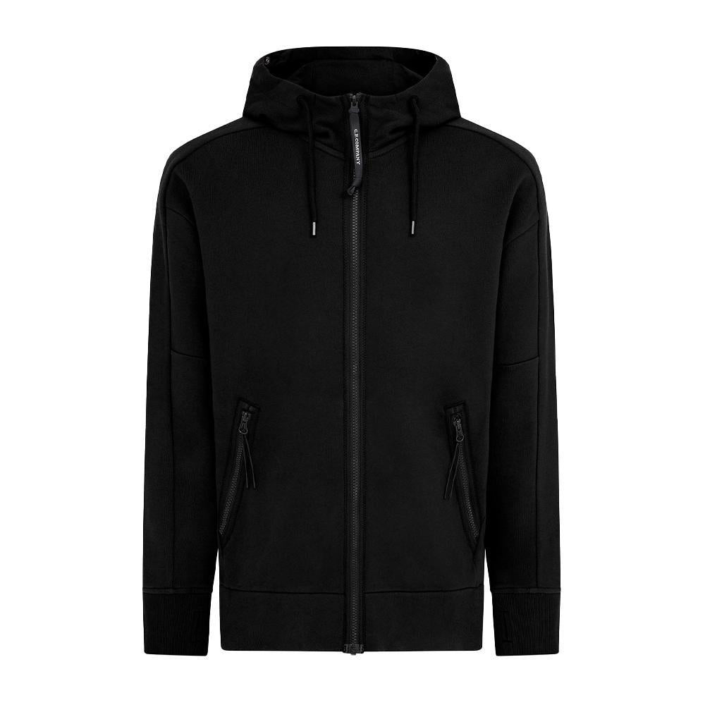 C.P. Company Diagonal Raised Fleece Full Zip Goggled Hoodie in Black