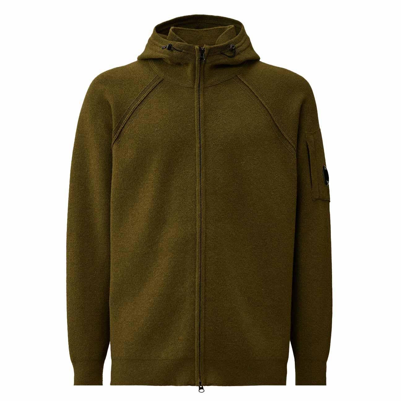 C.P. Company Lambswool GRS Hooded Full Zip Sweater in Elmwood Green