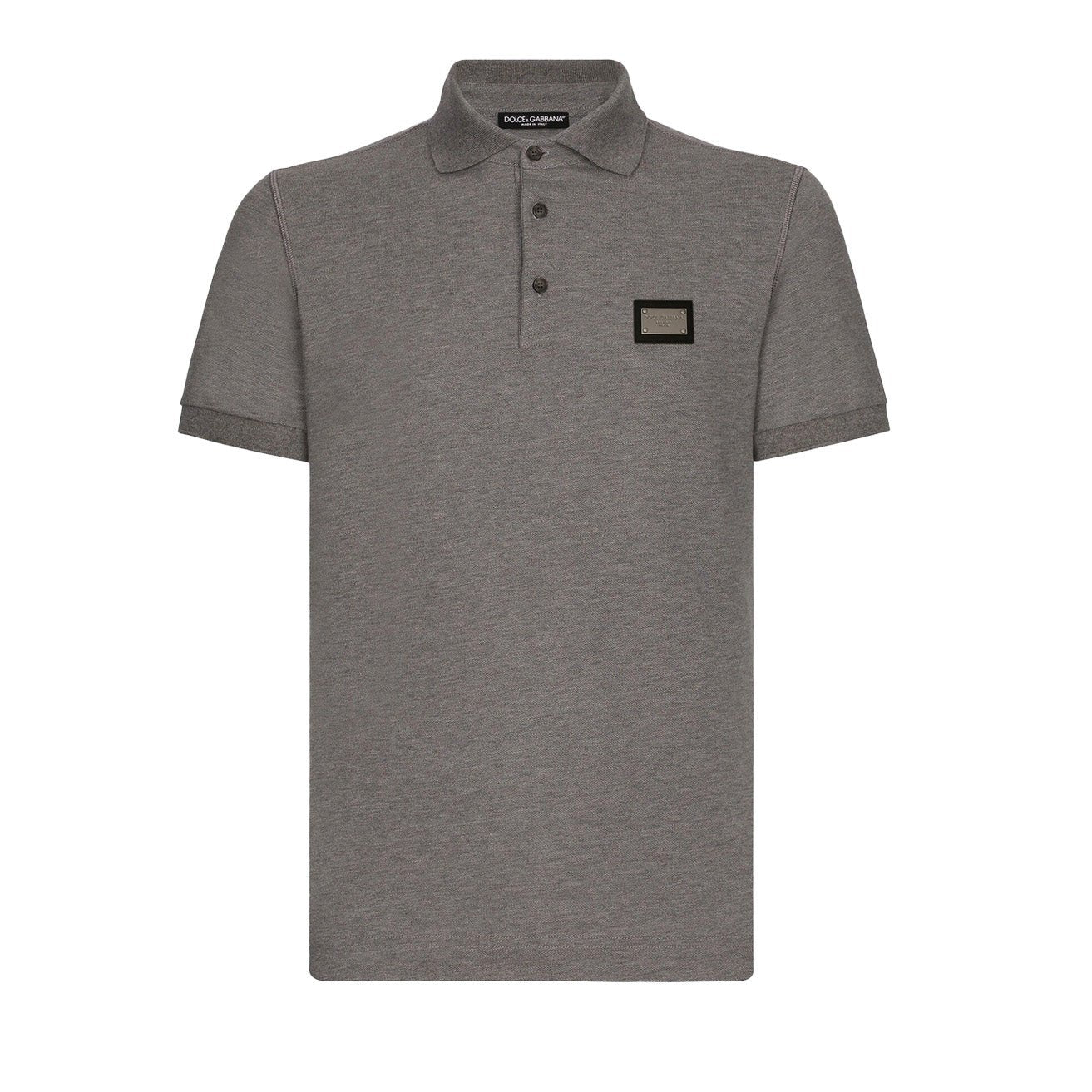 Dolce & Gabbana Plaque Cotton Pique Polo Shirt in Grey MelangePolosDolce & GabbanaDPUS8056265273354SDolce & Gabbana Plaque Cotton Pique Polo Shirt in Grey Melange