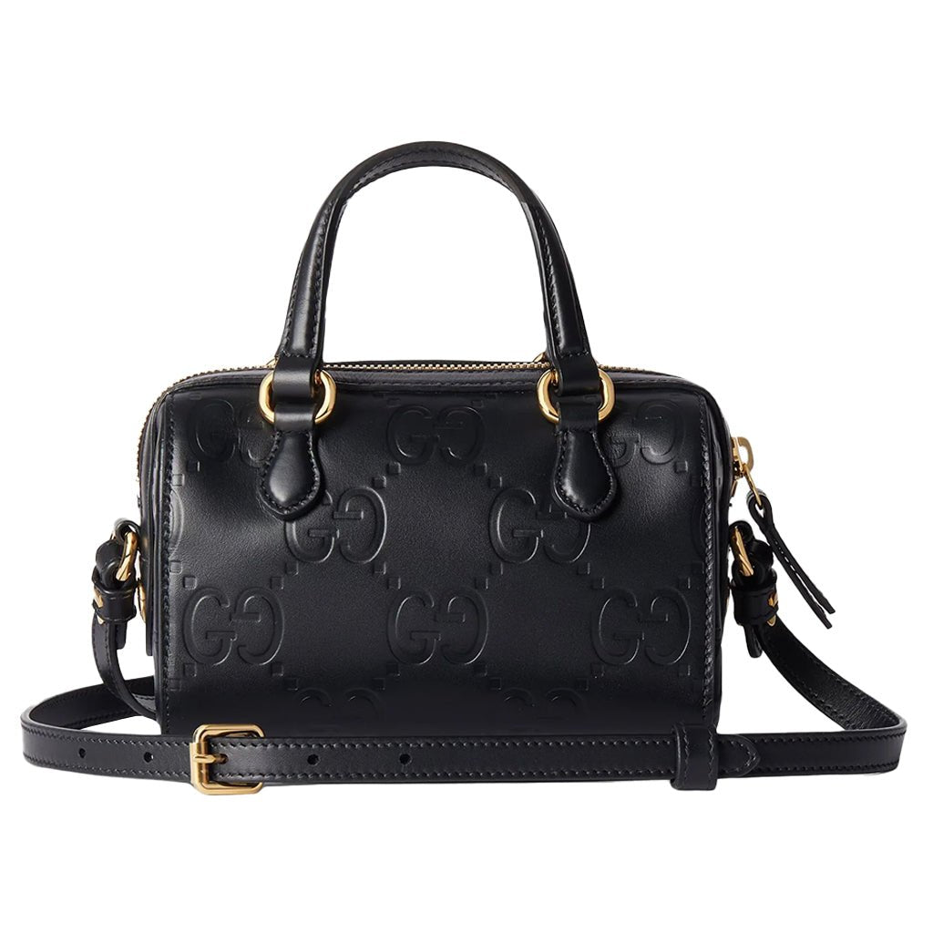 Gucci GG Embossed Leather Small Boston BagBagsGucciDPUS Designer Outlet790130-10008135308707BlackGucci GG embossed black leather small Boston bag front angle with shoulder strap and gold hardware.