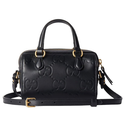 Gucci GG Embossed Leather Small Boston BagBagsGucciDPUS Designer Outlet790130-10008135308707BlackGucci GG embossed black leather small Boston bag front angle with shoulder strap and gold hardware.