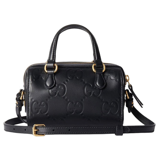 Gucci GG Embossed Leather Small Boston BagBagsGucciDPUS Designer Outlet790130-10008135308707BlackGucci GG embossed black leather small Boston bag front angle with shoulder strap and gold hardware.
