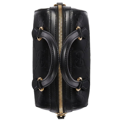 Gucci GG Embossed Leather Small Boston BagBagsGucciDPUS Designer Outlet790130-10008135308707BlackGucci GG embossed black leather small Boston bag top view with dual handles and gold zipper.