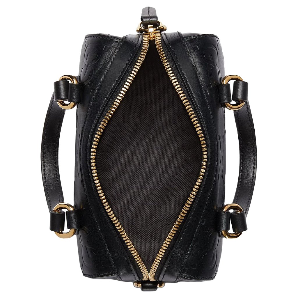Gucci GG Embossed Leather Small Boston BagBagsGucciDPUS Designer Outlet790130-10008135308707BlackGucci GG embossed black leather small Boston bag open top view showing black interior and gold zipper.