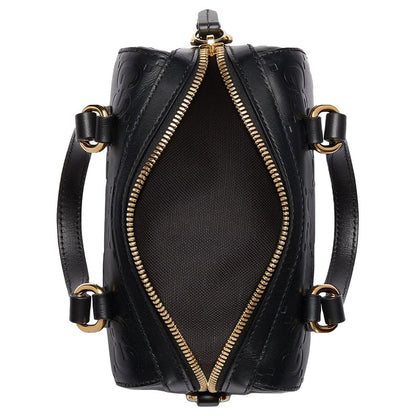 Gucci GG Embossed Leather Small Boston BagBagsGucciDPUS Designer Outlet790130-10008135308707BlackGucci GG embossed black leather small Boston bag open top view showing black interior and gold zipper.