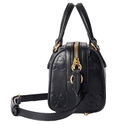 Gucci GG Embossed Leather Small Boston BagBagsGucciDPUS Designer Outlet790130-10008135308707BlackGucci GG embossed black leather small Boston bag side profile showing gold zipper and top handle.