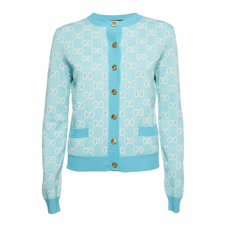 Gucci GG Jacquard Wool Blend Cardigan in Azure BlueCardiganGucciDPUS Designer Outlet150327981848XSGucci GG Jacquard Wool Blend Cardigan in Azure Blue