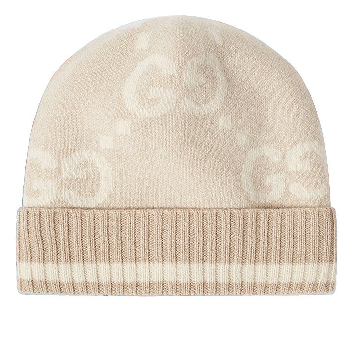Gucci GG Knitted Beanie Hat in Camel/ WhiteHatsGucciDPUS Designer OutletSGucci GG Knitted Beanie Hat in Camel/ White