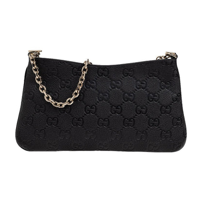 Gucci GG Leather Shoulder BagBagsGucciDPUS Designer Outlet815277-10008137462274BlackGucci GG embossed black leather shoulder bag with gold-tone chain strap, front view