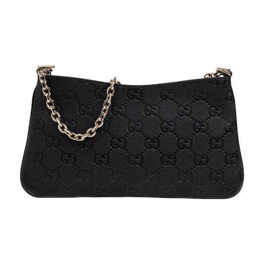 Gucci GG Leather Shoulder BagBagsGucciDPUS Designer Outlet815277-10008137462274BlackGucci GG embossed black leather shoulder bag with gold-tone chain strap, front view