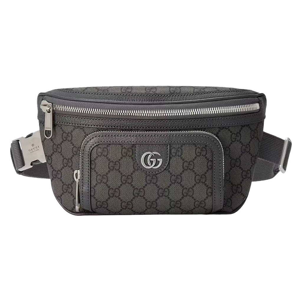 Gucci GG Monogram Medium Fanny Belt BagBagsGucciDPUS Designer Outlet733868-85768112000225GreyGucci GG Supreme black canvas belt bag front view with silver hardware and interlocking G logo.