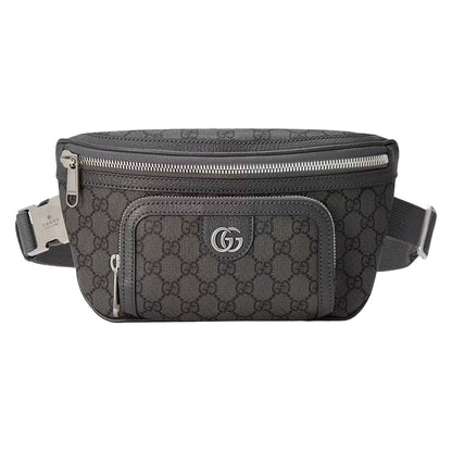 Gucci GG Monogram Medium Fanny Belt BagBagsGucciDPUS Designer Outlet733868-85768112000225GreyGucci GG Supreme black canvas belt bag front view with silver hardware and interlocking G logo.