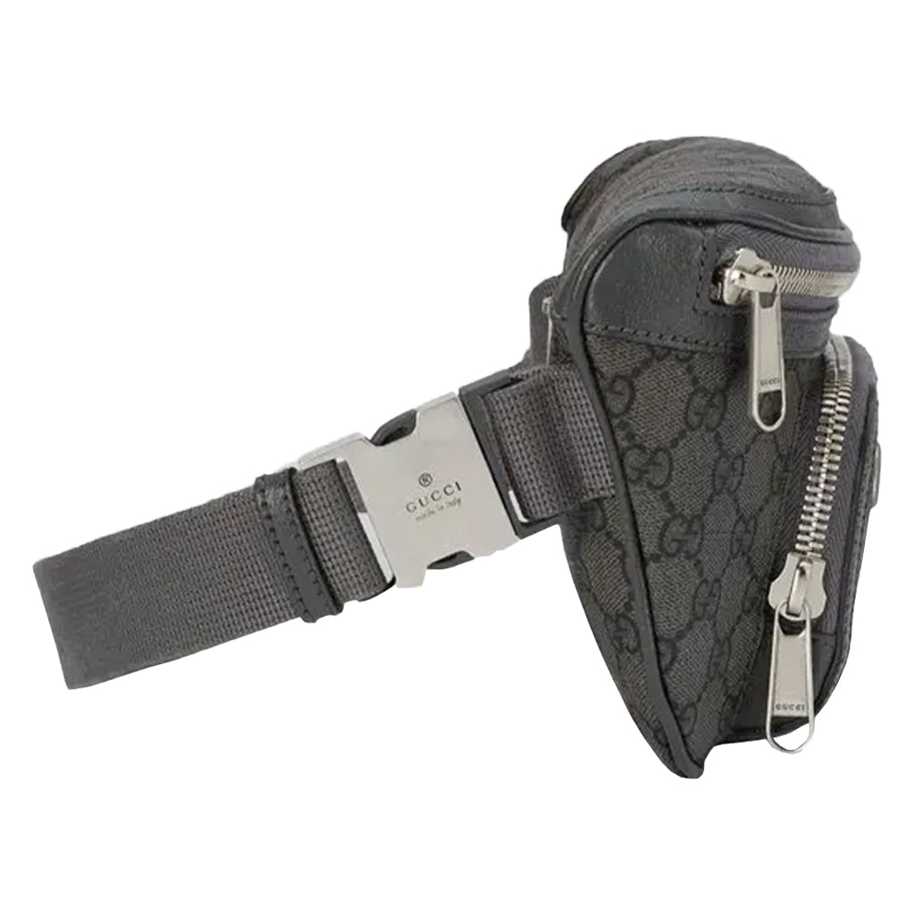 Gucci GG Monogram Medium Fanny Belt BagBagsGucciDPUS Designer Outlet733868-85768112000225GreyGucci GG Supreme black canvas belt bag side view showing adjustable web strap and silver buckle.