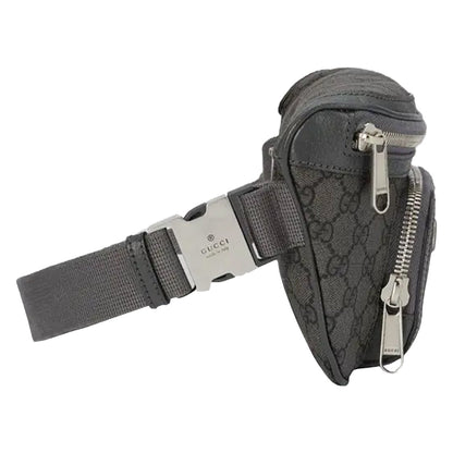 Gucci GG Monogram Medium Fanny Belt BagBagsGucciDPUS Designer Outlet733868-85768112000225GreyGucci GG Supreme black canvas belt bag side view showing adjustable web strap and silver buckle.