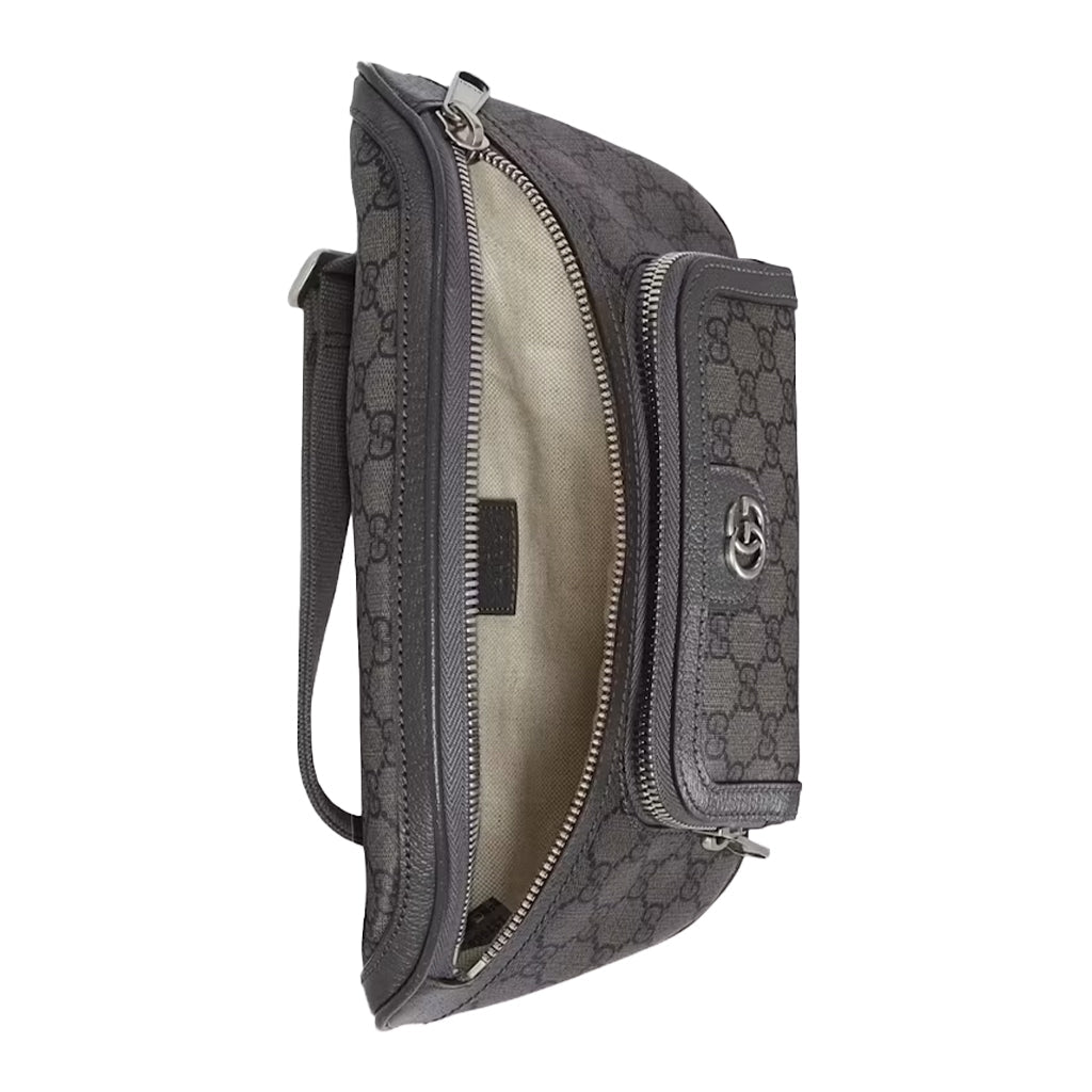 Gucci GG Monogram Medium Fanny Belt BagBagsGucciDPUS Designer Outlet733868-85768112000225GreyGucci GG Supreme black canvas belt bag open view showing beige interior, front zip pocket, and silver G logo.