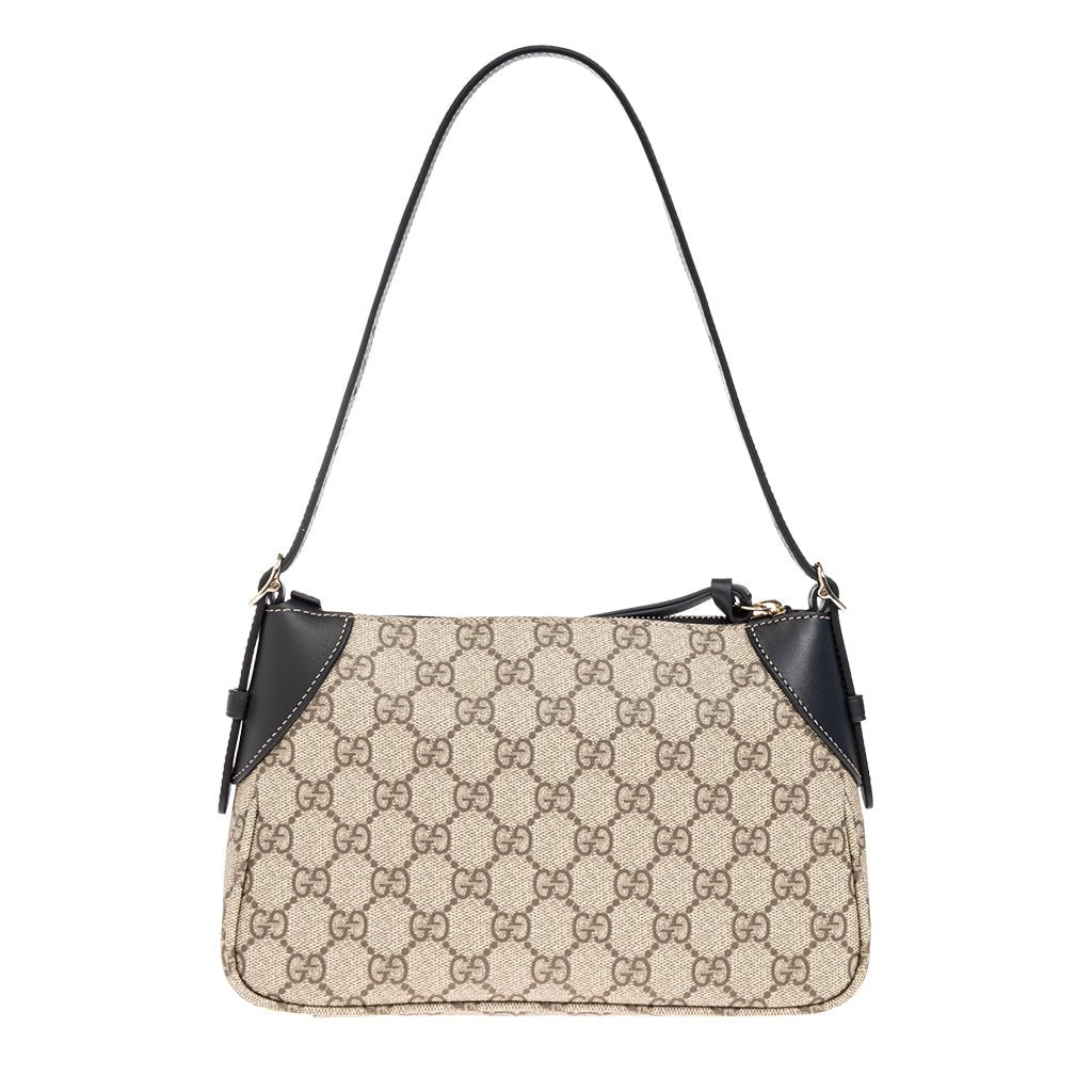 Gucci GG Monogram Shoulder BagBagsGucciDPUS Designer Outlet815218-97658137135656BlackGucci GG Supreme monogram canvas shoulder bag with black leather trim and single black shoulder strap, front view
