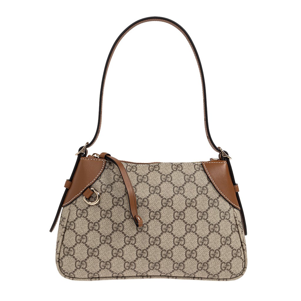 Gucci GG Monogram Shoulder BagBagsGucciDPUS Designer Outlet8152188137033543BrownGucci GG Supreme Monogram Canvas Shoulder Bag with brown leather trim and matching brown handle strap