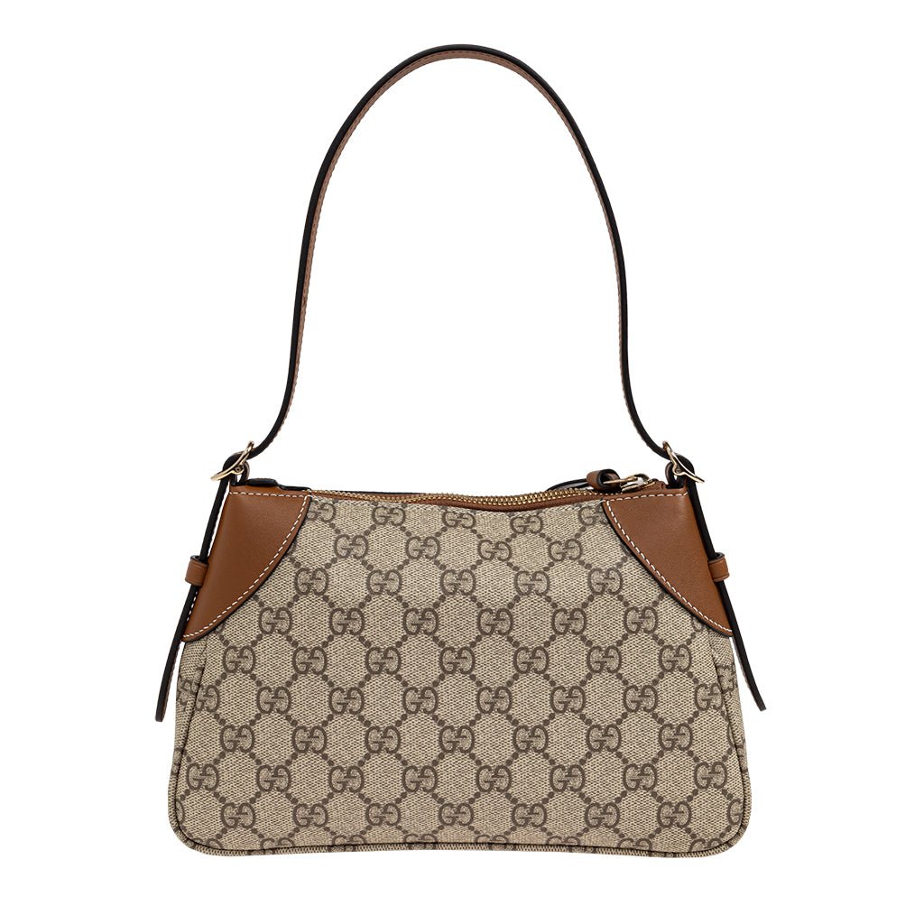 Gucci GG Monogram Shoulder BagBagsGucciDPUS Designer Outlet8152188137033543BrownGucci GG Supreme monogram canvas shoulder bag with brown leather trim and single structured handle strap, front view