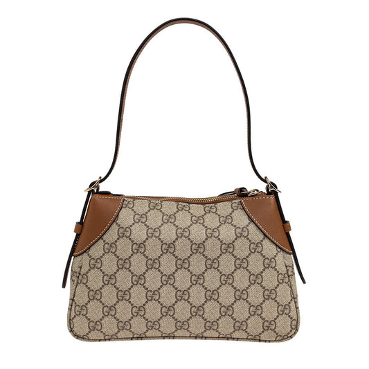 Gucci GG Monogram Shoulder BagBagsGucciDPUS Designer Outlet8152188137033543BrownGucci GG Supreme monogram canvas shoulder bag with brown leather trim and single structured handle strap, front view