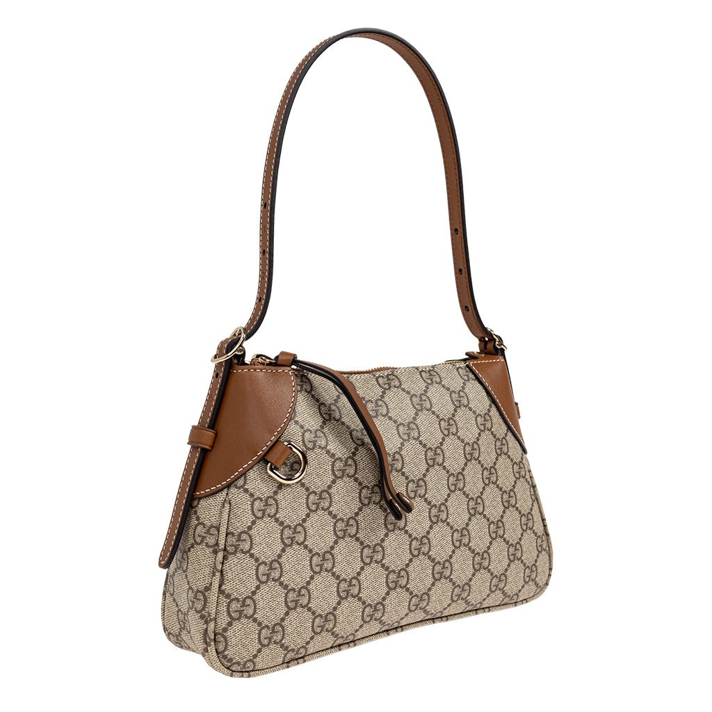 Gucci GG Monogram Shoulder BagBagsGucciDPUS Designer Outlet8152188137033543BrownGucci GG Supreme canvas shoulder bag side angle with brown leather trim, gold hardware and single strap.