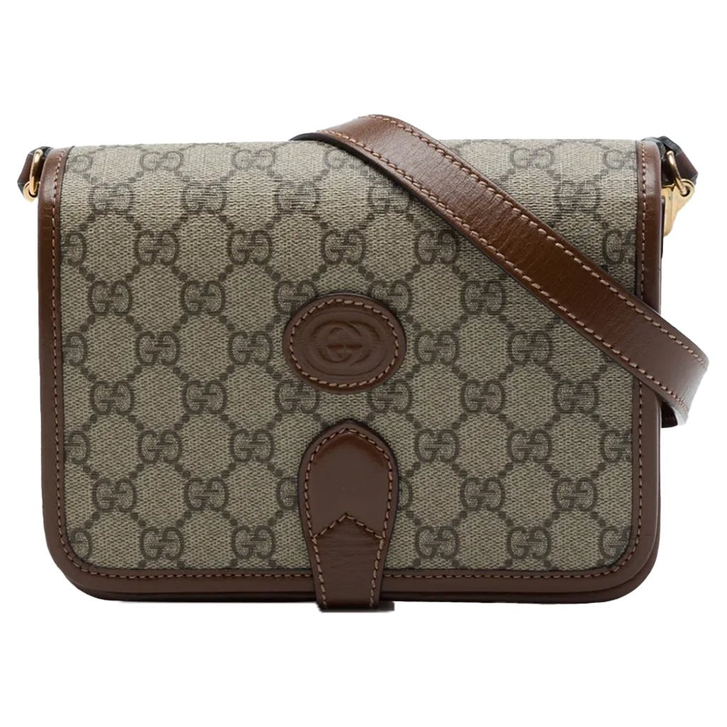 Gucci GG Supreme Monogram Crossbody Shoulder BagBagsGucciDPUS Designer Outlet671620-85638101485227BrownGucci GG Supreme monogram canvas crossbody shoulder bag with brown leather trim and interlocking GG logo detail, front view