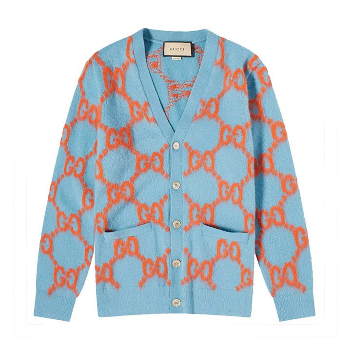 Gucci Jumbo GG Knit Cardigan in Azure/ OrangeKnitwearGucciDPUS Designer OutletAAK05903SGucci Jumbo GG Knit Cardigan in Azure/ Orange