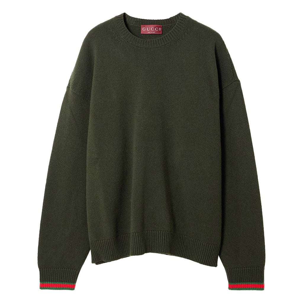 Gucci Wool Cashmere Knit With Web TrimsKnitwearGucciDPUS Designer Outlet8139457944Dark GreenXSGucci Wool Cashmere Knit With Web Trims