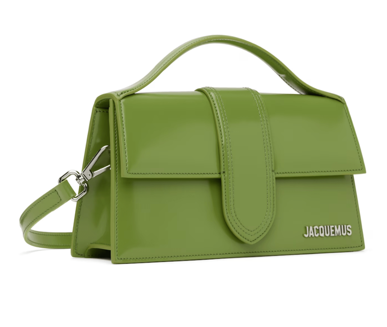 Jacquemus Le Grand Bambino in Green Patent with Silver Jacquemus Le Grand Bambino in Green Patent with Silver