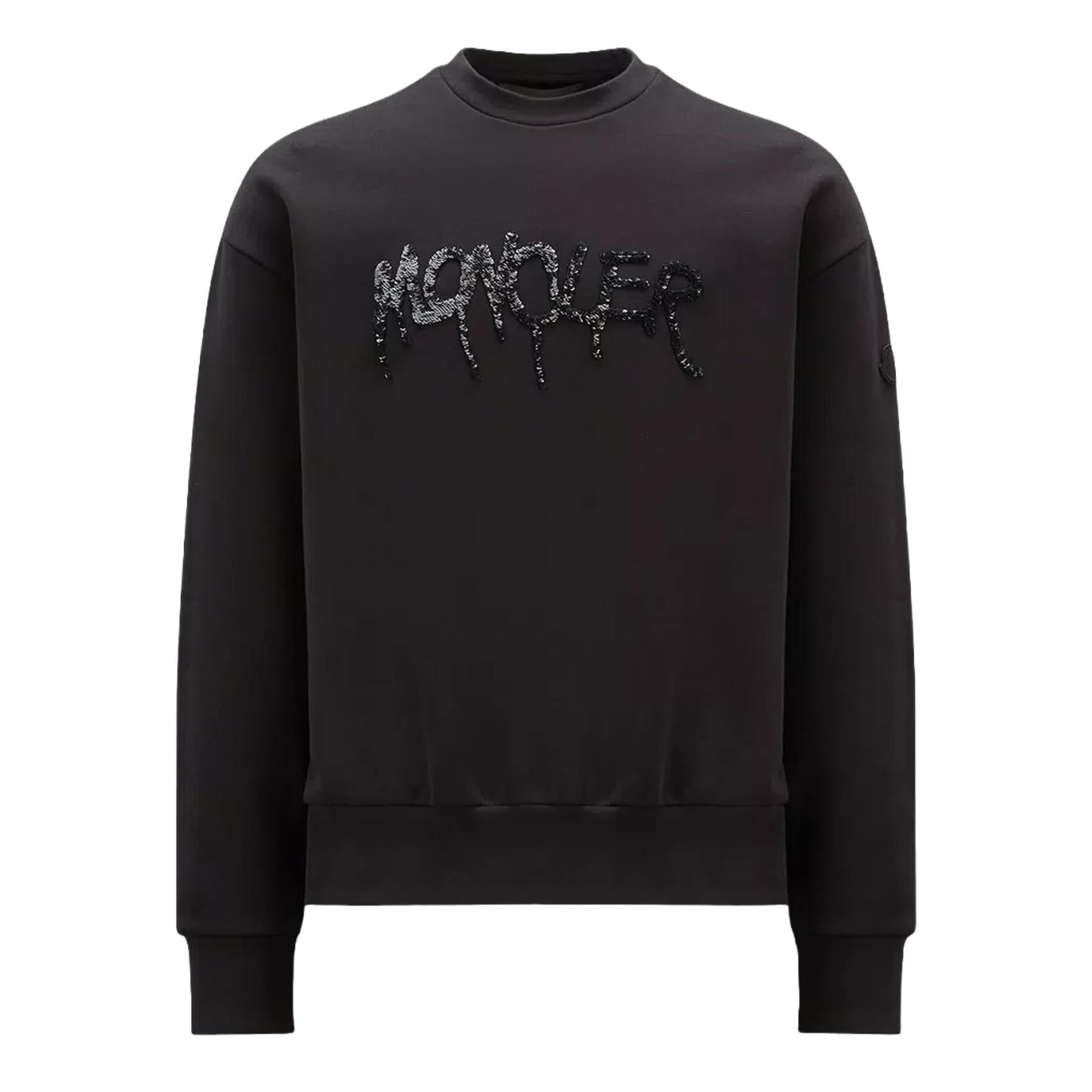 Moncler Sequin Logo Crewneck Sweatshirt in BlackMonclerDPUS Designer Outlet203001214578053875878764SMoncler Sequin Logo Crewneck Sweatshirt in Black