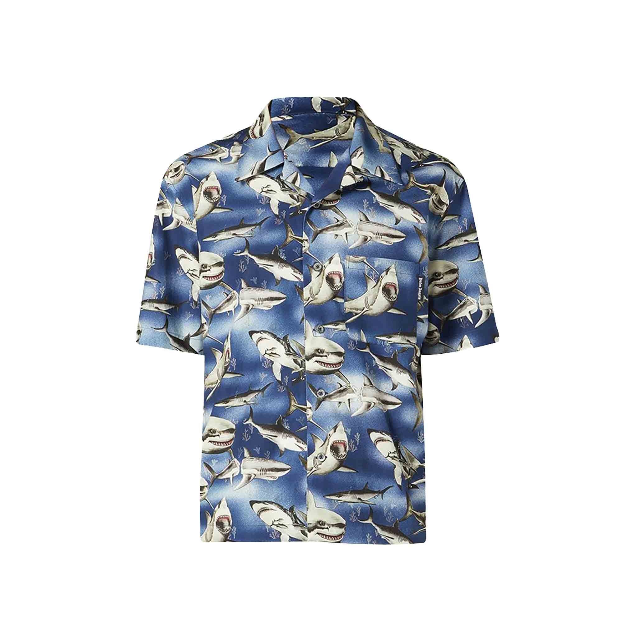 Palm Angels Sharks Bowling Shirt in BlueShirtsPalm AngelsDPUS7125091942Palm Angels Sharks Bowling Shirt in Blue