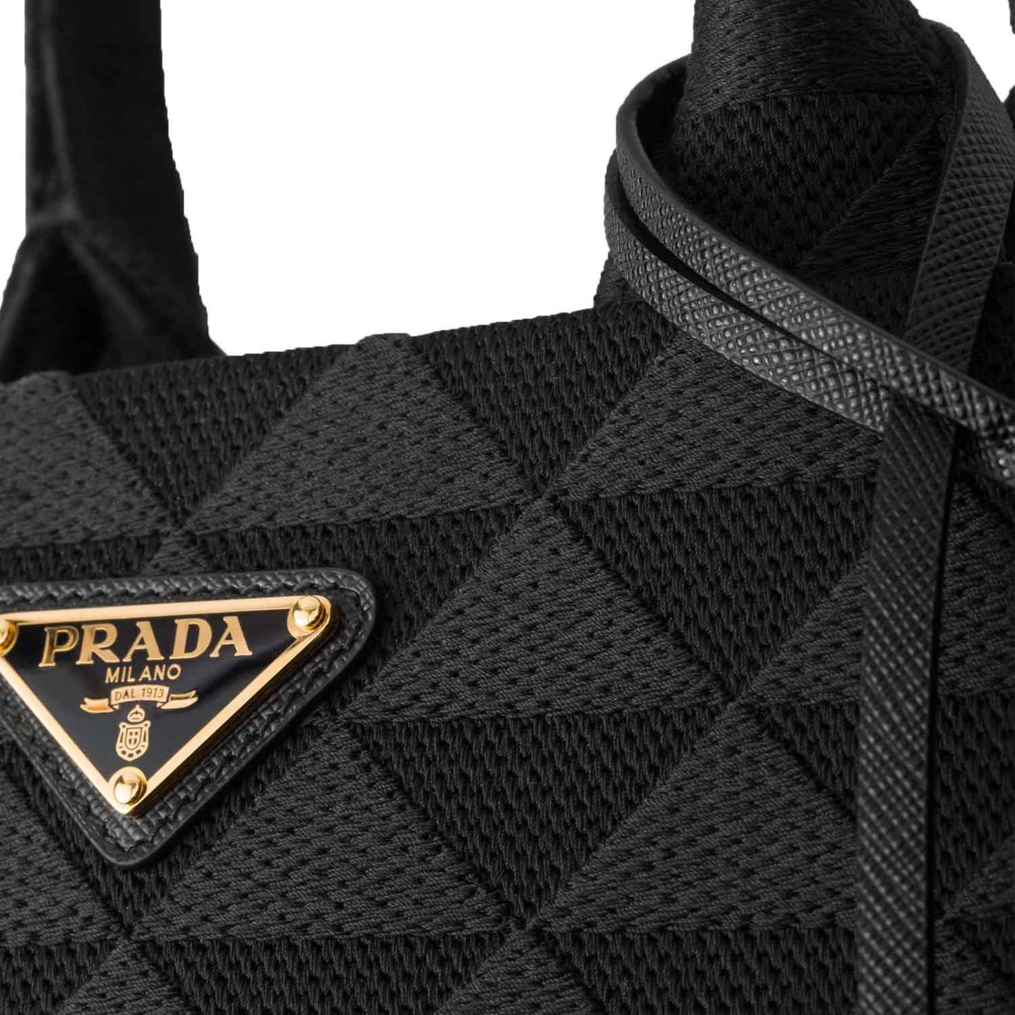 Prada Symbole Medium Embroidered Fabric Bag in Black