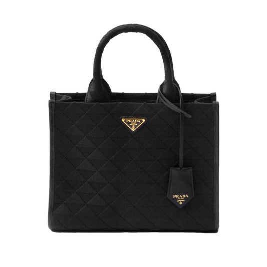 Prada Symbole Medium Embroidered Fabric Bag in Black