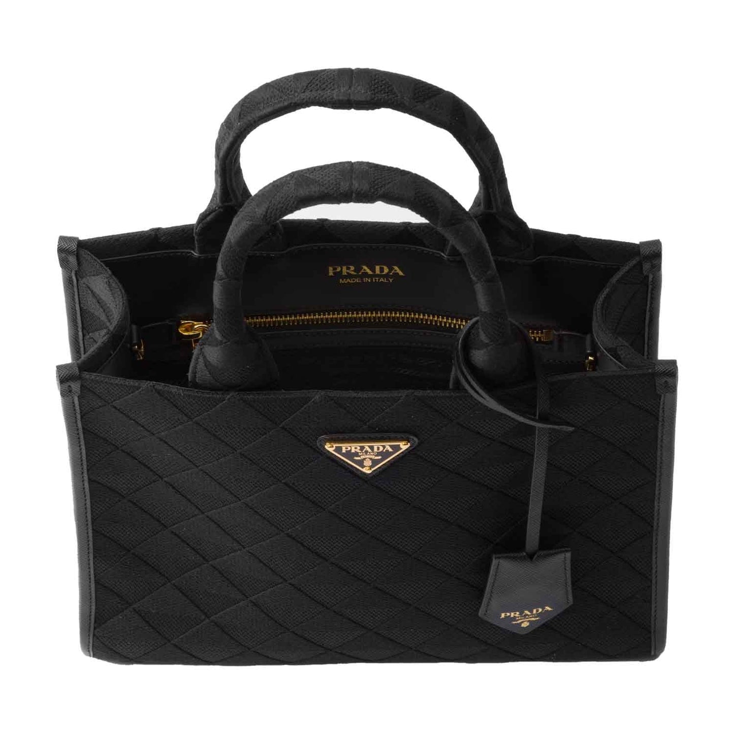 Prada Symbole Medium Embroidered Fabric Bag in Black