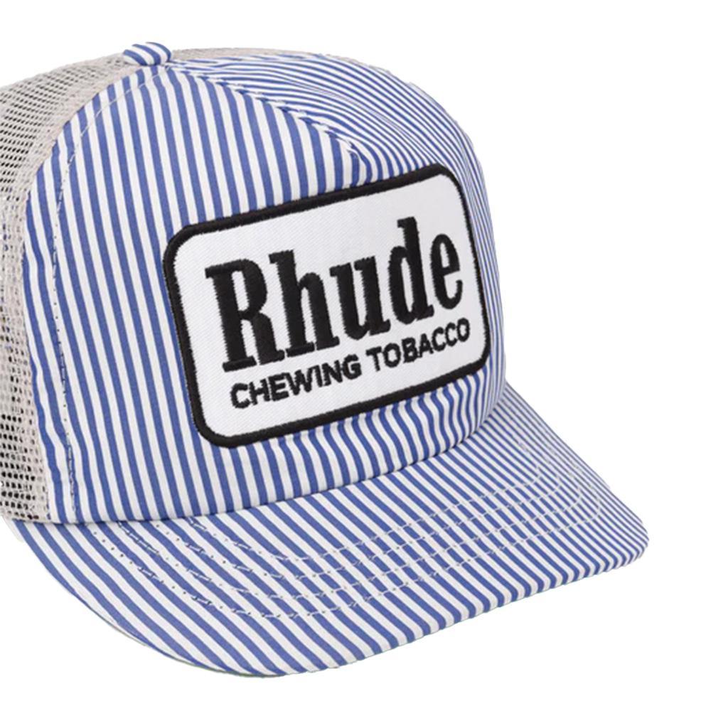 [Rhude] Blue Striped Tobacco Trucker in Blue/WhiteCaps & HatsRhudeDPUS Designer Outlet8059554380344One size[Rhude] Blue Striped Tobacco Trucker in Blue/White