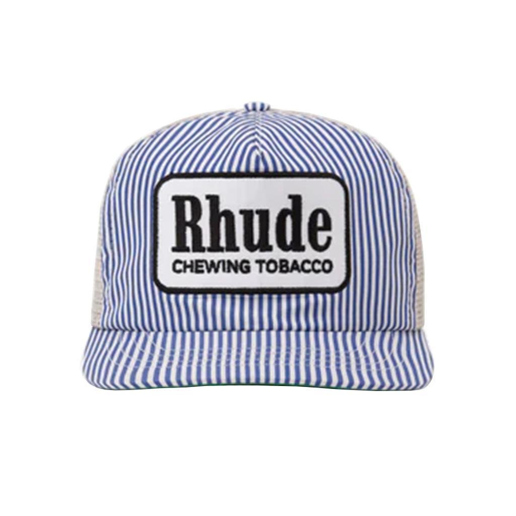 [Rhude] Blue Striped Tobacco Trucker in Blue/WhiteCaps & HatsRhudeDPUS Designer Outlet8059554380344One size[Rhude] Blue Striped Tobacco Trucker in Blue/White