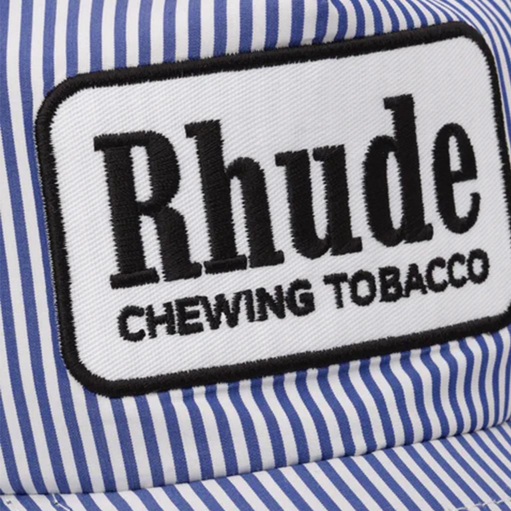 [Rhude] Blue Striped Tobacco Trucker in Blue/WhiteCaps & HatsRhudeDPUS Designer Outlet8059554380344One size[Rhude] Blue Striped Tobacco Trucker in Blue/White