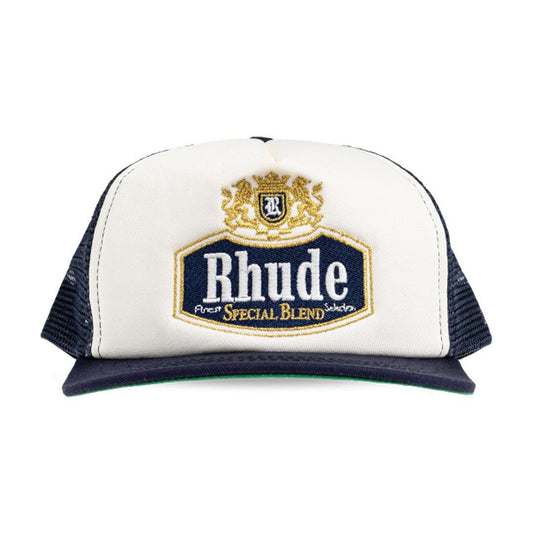 Rhude Special - Blend Trucker Hat in Navy/ Off - WhiteCaps & HatsDPUS Designer OutletDPUS Designer Outlet8059554380290O/SRhude Special - Blend Trucker Hat in Navy/ Off - White