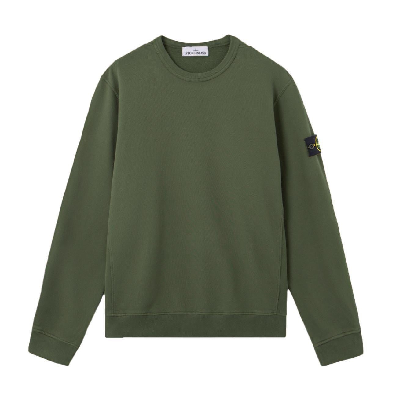 Stone Island Cotton Fleece Ribbed Crewneck Sweatshirt in Military Green