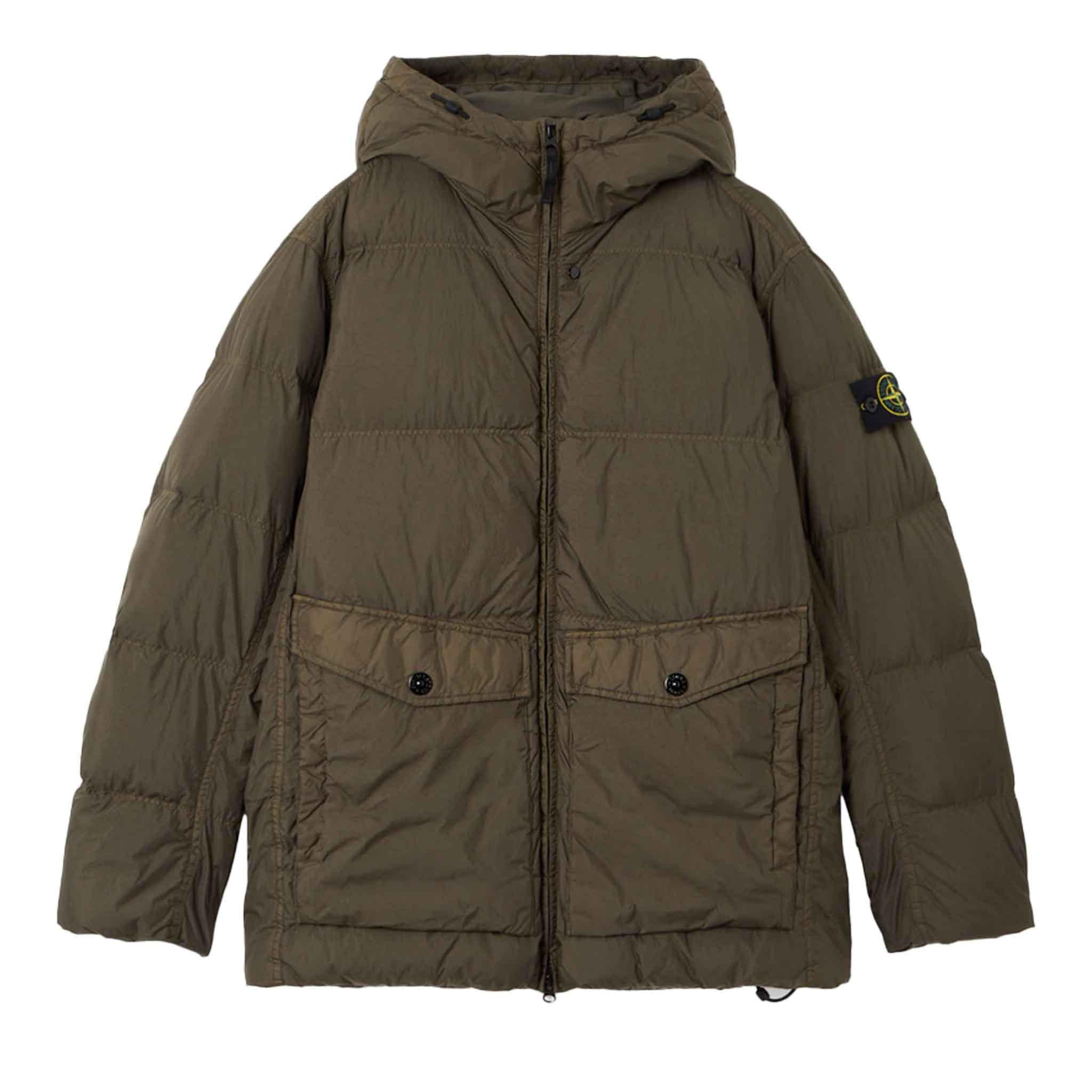 Stone Island Crinkle Reps NY Hooded Down Jacket in Military Green