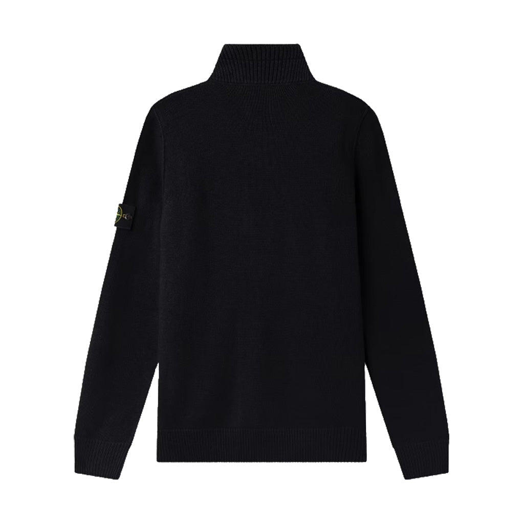 Stone Island black lambswool half-zip knit sweater back view with compass badge.