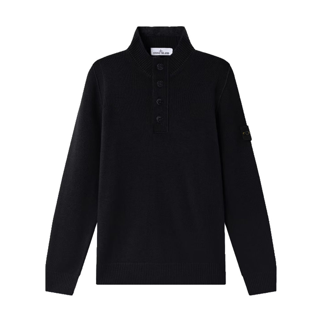 Stone Island black lambswool half-zip knit sweater with compass badge.