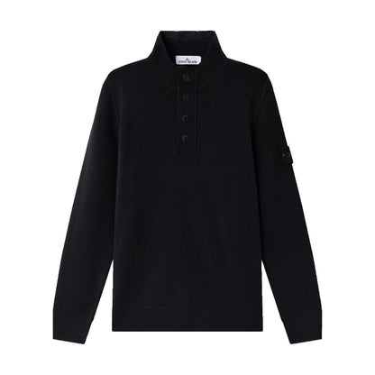 Stone Island black lambswool half-zip knit sweater with compass badge.