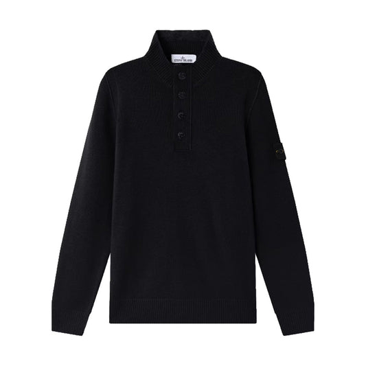 Stone Island black lambswool half-zip knit sweater with compass badge.