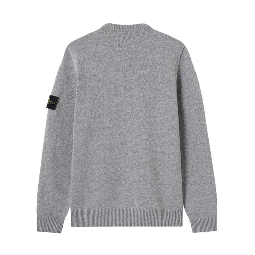 Stone Island grey melange lambswool ribbed crewneck sweater back view with signature compass sleeve badge.