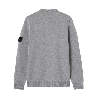 Stone Island grey melange lambswool ribbed crewneck sweater back view with signature compass sleeve badge.