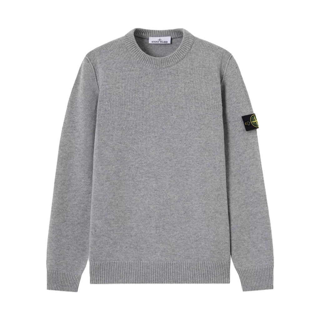 Stone Island grey melange lambswool ribbed crewneck sweater front view with signature compass sleeve badge.