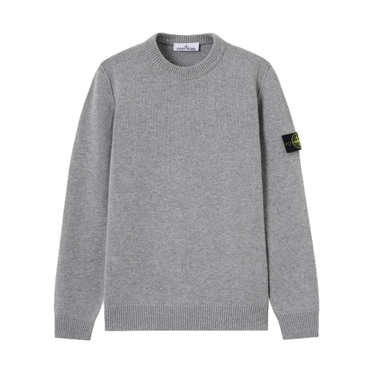 Stone Island grey melange lambswool ribbed crewneck sweater front view with signature compass sleeve badge.