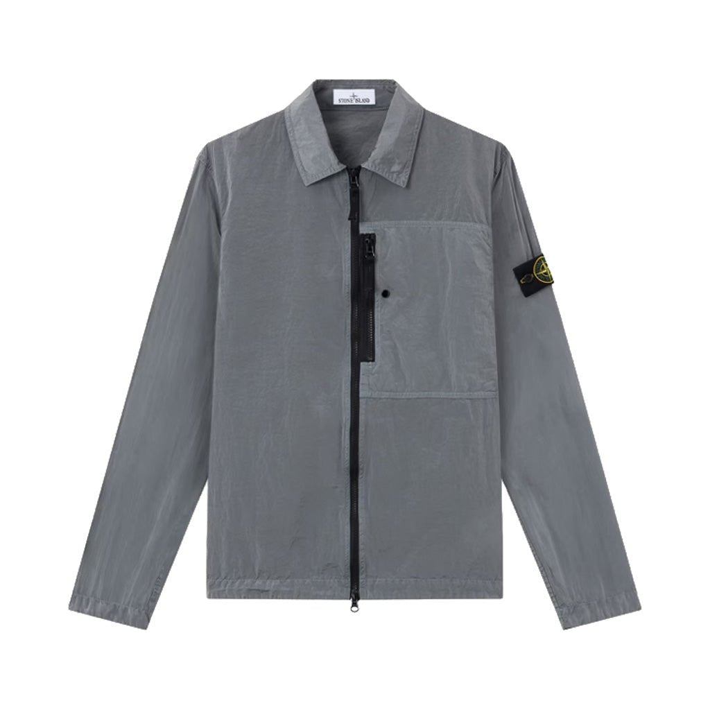 Stone Island Nylon Metal Econyl grey overshirt with full zip and compass badge.